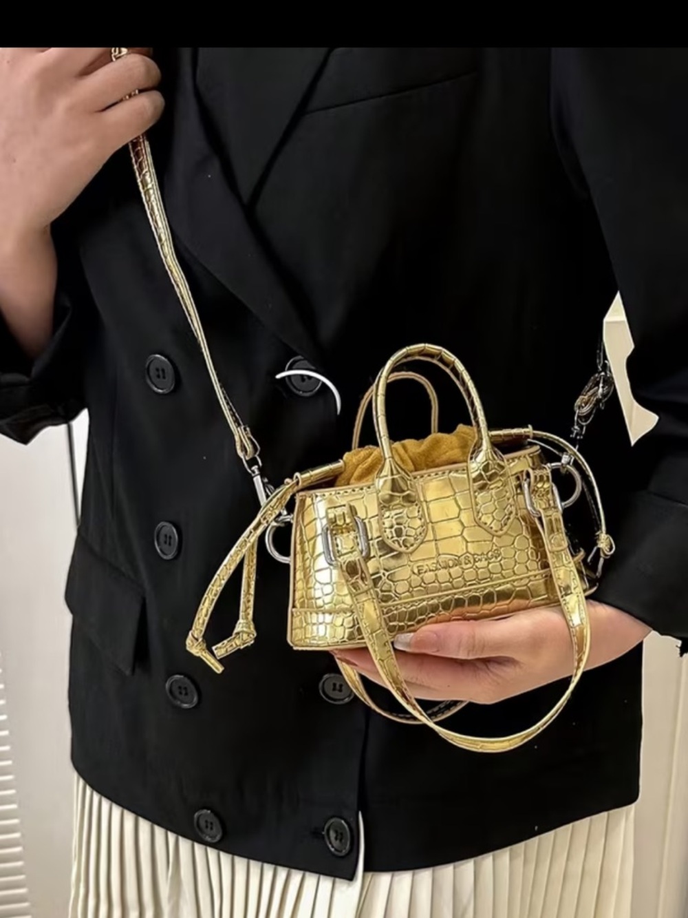 Affordable Fashion Finds Metallic Gold Croc-Embossed Mini Satchel - Picture 2 of 5